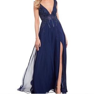 NWT Gianni Bini Navy Rhinestone Sheer Deep V Slit Front Long Prom Gown, 7